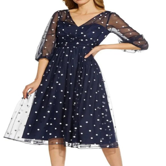 Adrianna Papell Surplice V- Neck Back Zipper 3/4 Sleeves Beaded Midi Dress - Picture 1 of 4